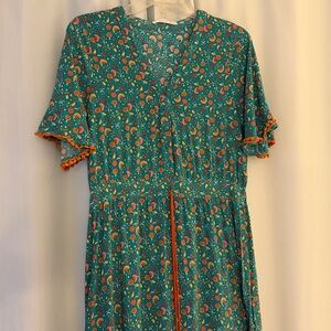 R. Vivimos Floral Teal and Orange Maxi Short‎ Sleeve Boho Cottage core Dress, L